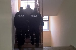 Policjanci prowadzą osobę zatrzymaną