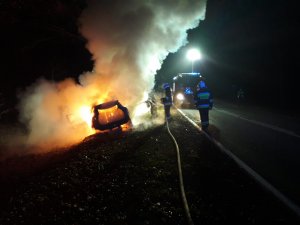 strażacy gaszą płonący pojazd